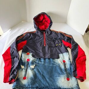 Lightweight Hooded Anorak Jacket - Navy & Red Mixed Media